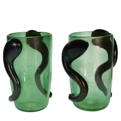 Set di 2 Vasi Decorativi Colossi Giganti in Vetro di Murano Verde Smeraldo