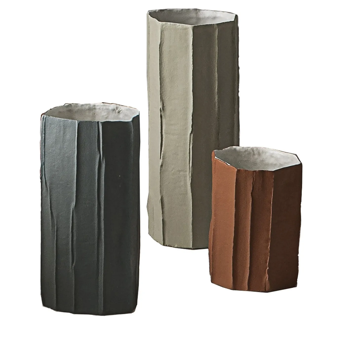 Set di 3 Vasi Mono Corteccia E17/Antracite D17/Tortora Chiaro & C15/Cacao