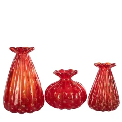 1950 Set di 3 vasi rosso rubino con bolle d'oro