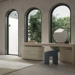 Sgabellino imbottito rotondo Vanity in pelle blu