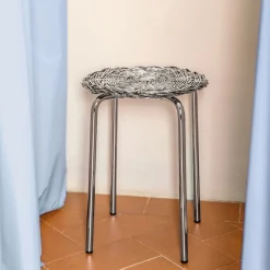 Sgabello in metallo intrecciato placcato argento