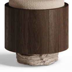 Sgabello scultoreo rotondo in travertino striato e rovere wengé