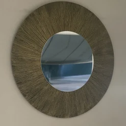 Sole Specchio Tondo Luminoso Decorato Con Resina Spazzolata A Raggiera Color Oro E Bronzo