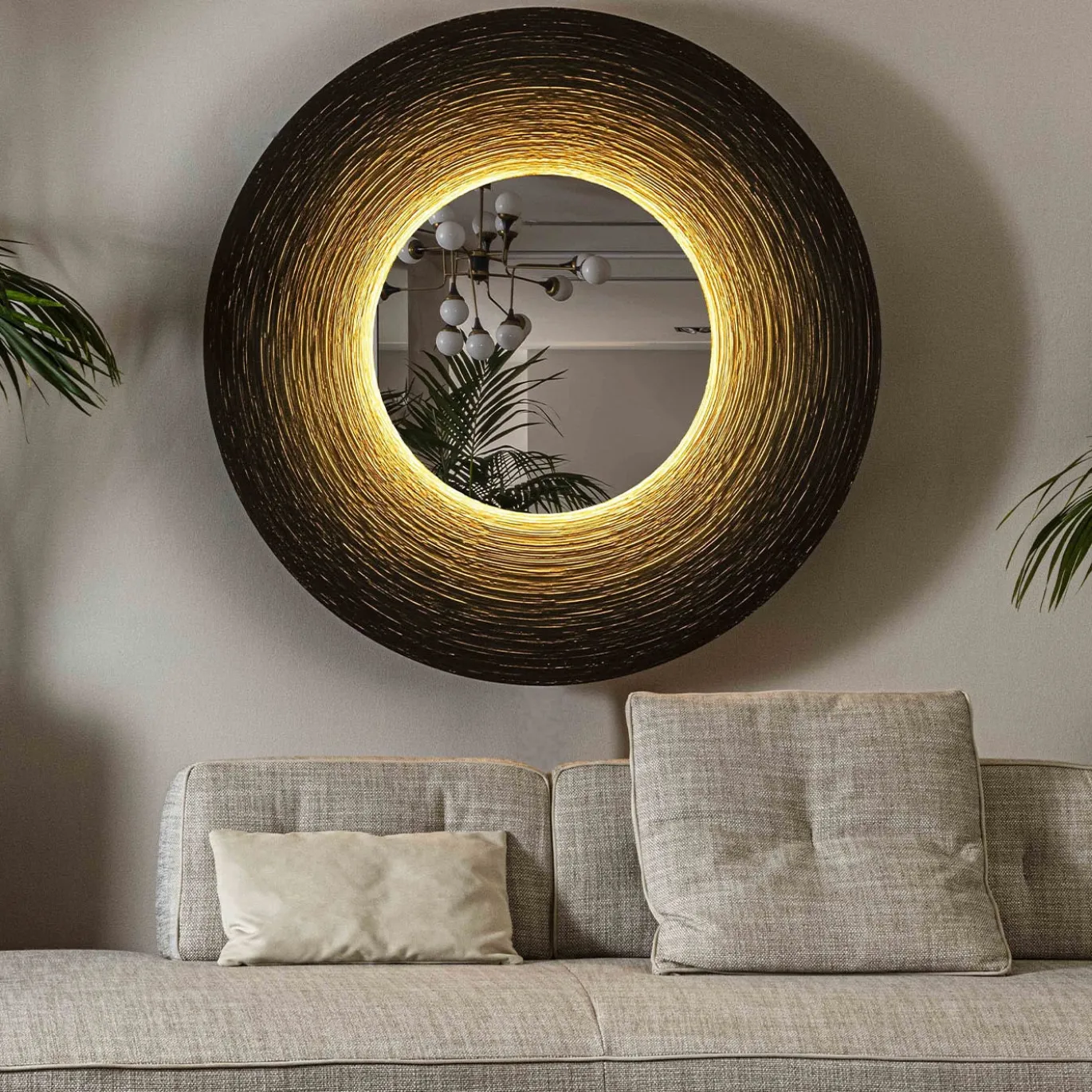 Sole Specchio Tondo Luminoso Decorato Con Resina Spazzolata Concentrica Color Oro E Bronzo
