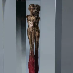 Specchio da parete Mirage con scultura in bronzo e acciaio argento