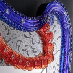 Specchio da parete Ramses in vetro di Murano blu e rosso