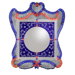 Specchio da parete Ramses in vetro di Murano blu e rosso