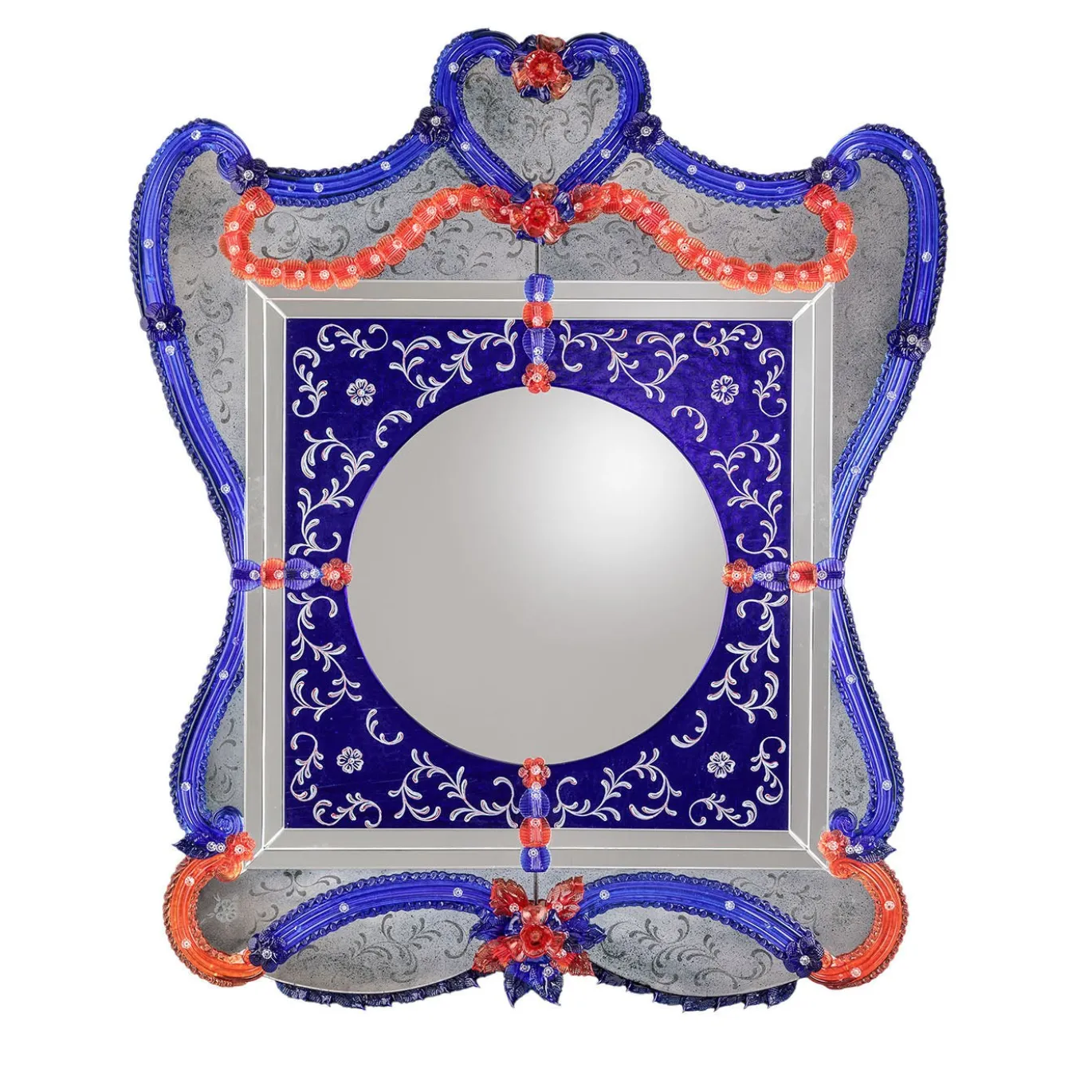 Specchio da parete Ramses in vetro di Murano blu e rosso
