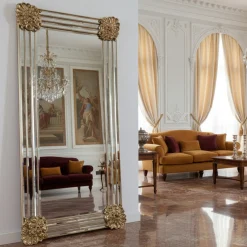 Specchio da terra grande rettangolare Firenze con foglia argento e inserti in cristallo specchiato