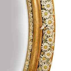 Specchio Ovale con Margherite in Porcellana di Capodimonte e Foglia d'Oro Applicata a Mano