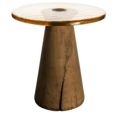 Tavolino Brezze con piano in vetro ambra e legno