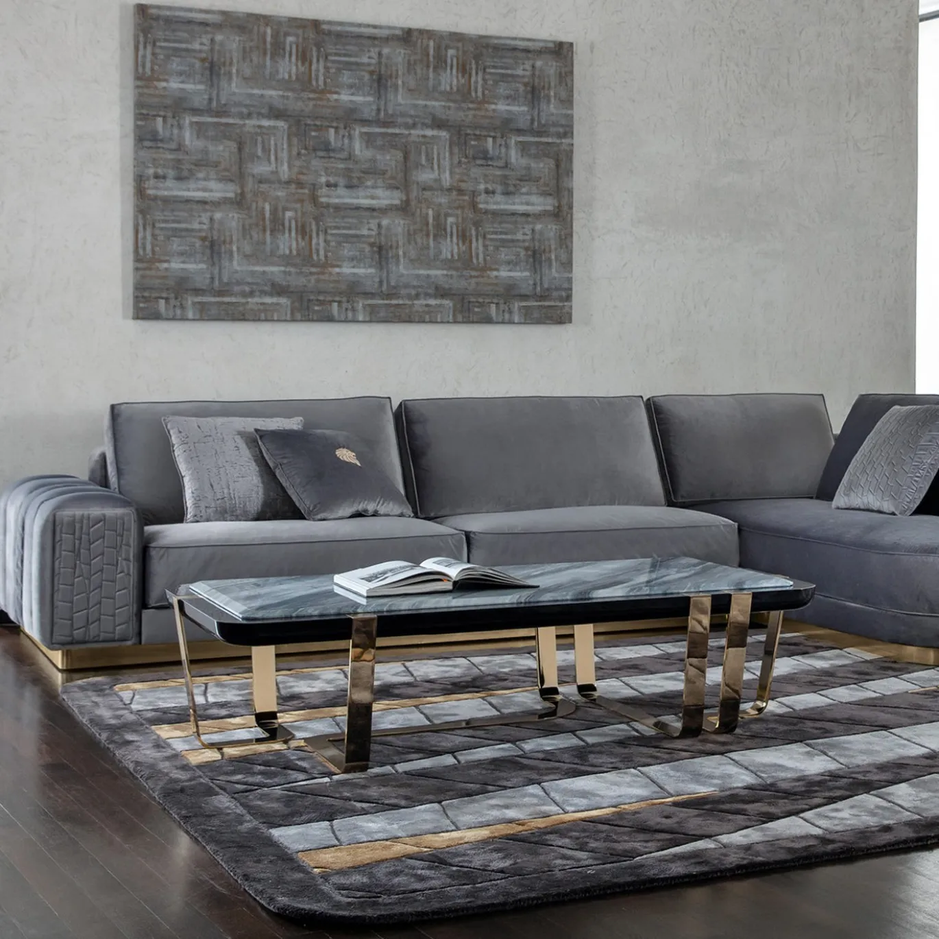 Tavolino Charisma con piano in Bubinga nero e Alpi grigio