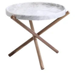 Tavolino con gambe in noce canaletto e marmo bianco carrara Lase