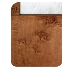 Tavolino contenitore in legno di radica con top in onice bianco