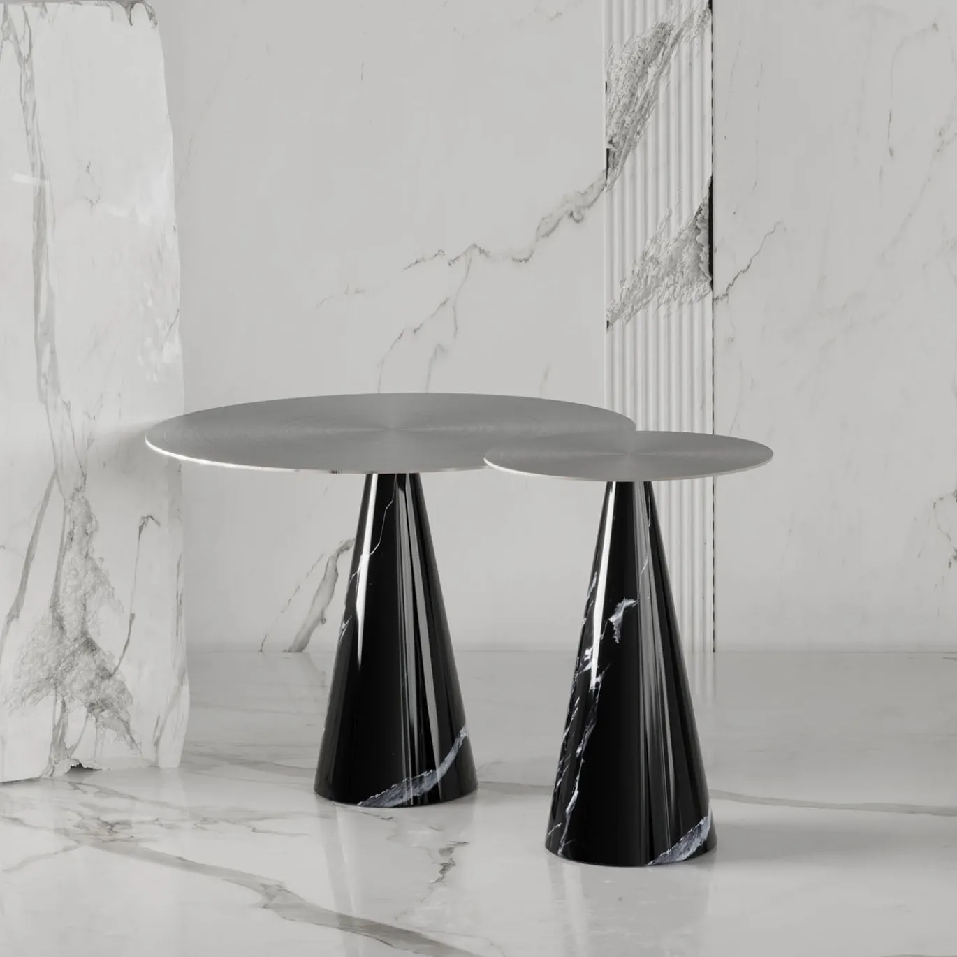 Tavolino da caffè Ed072 in marmo nero e metallo silver