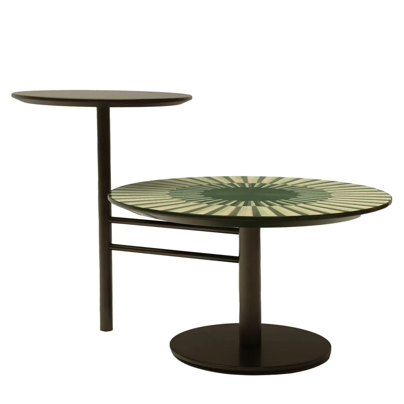 Tavolino doppio Altobasso in legno verde e beige con basi laccate bronzo