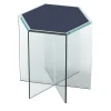 Tavolino Frank 3 in vetro trasparente e pelle blu di Prussia