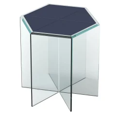 Tavolino Frank 3 in vetro trasparente e pelle blu di Prussia