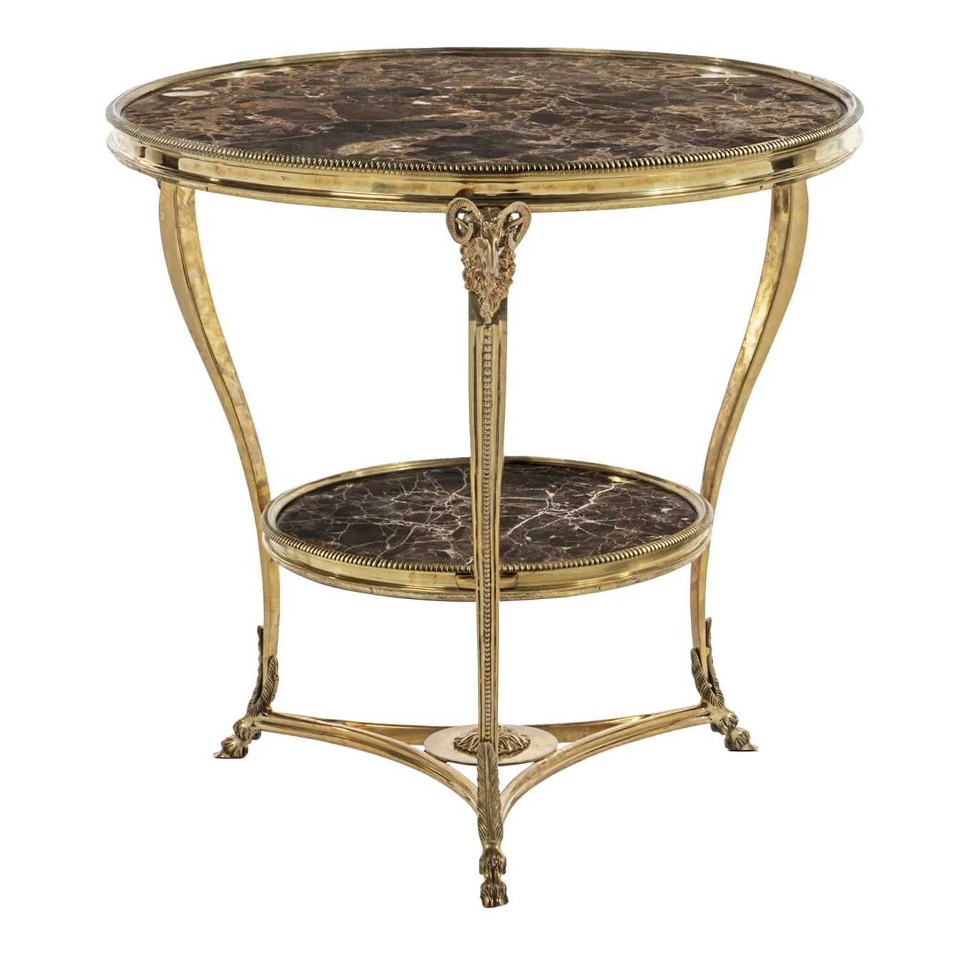 Tavolino Gueridon rotondo in ottone con piano in marmo