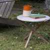 tavolino in pietra travertino beige naturam con gambe in noce canaletto