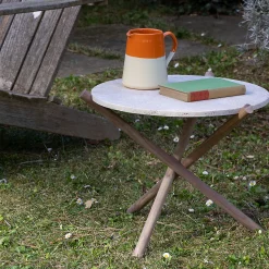 tavolino in pietra travertino beige naturam con gambe in noce canaletto