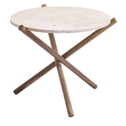 tavolino in pietra travertino beige naturam con gambe in noce canaletto