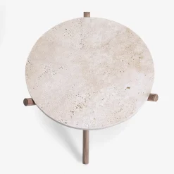 tavolino in pietra travertino beige naturam con gambe in noce canaletto