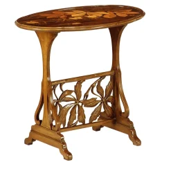Tavolino ovale intarsiato in stile Art Nouveau francese di Emile Gallè