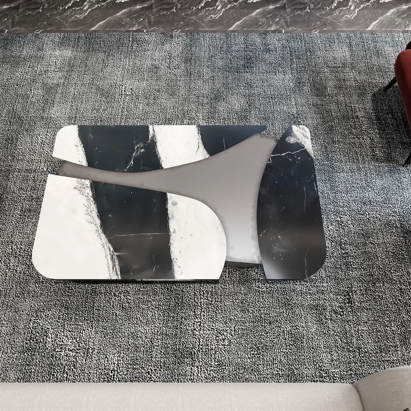 Tavolino Rasine con piano in marmo bicolore e struttura in metallo