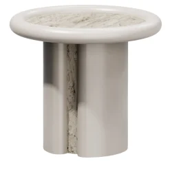 Tavolino rotondo Moonrise in legno lucido color Tortora e marmo Travertino di Artefatto Design Studio