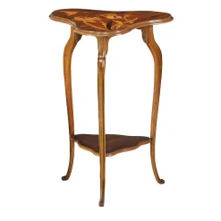 Tavolino triforme intarsiato in stile Art Nouveau francese di Emile Gallè