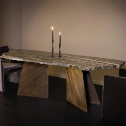 Tavolo da pranzo con base in bronzo Vermont e piano in marmo marrone