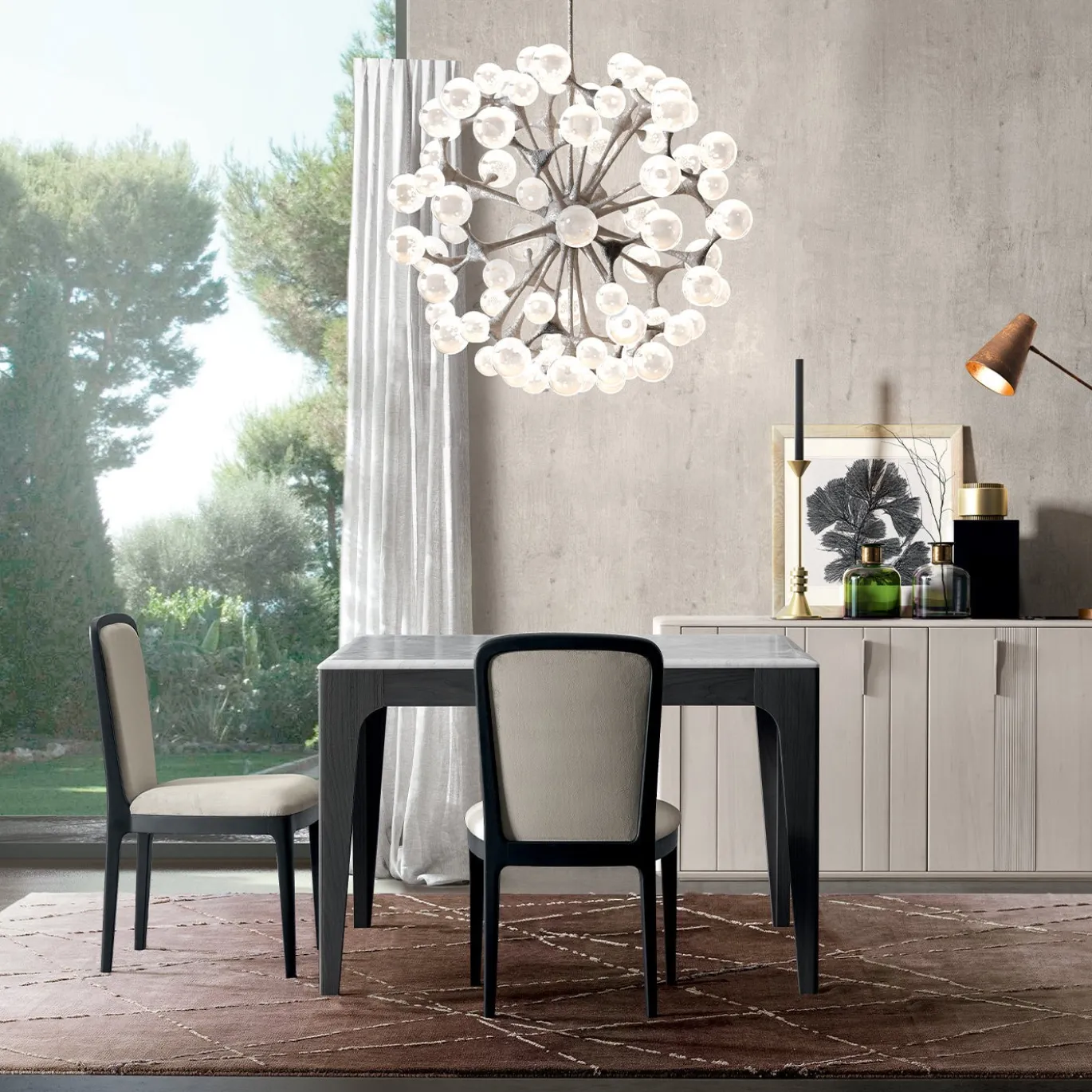 Tavolo da pranzo Domino quadrato grigio con piano in marmo di Carrara