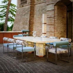 Tavolo da pranzo esagonale retroilluminato Eternal in marmo travertino di Bebo & Angel