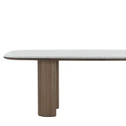 Tavolo da pranzo Essenza con base in noce Canaletto e piano in marmo di Carrara