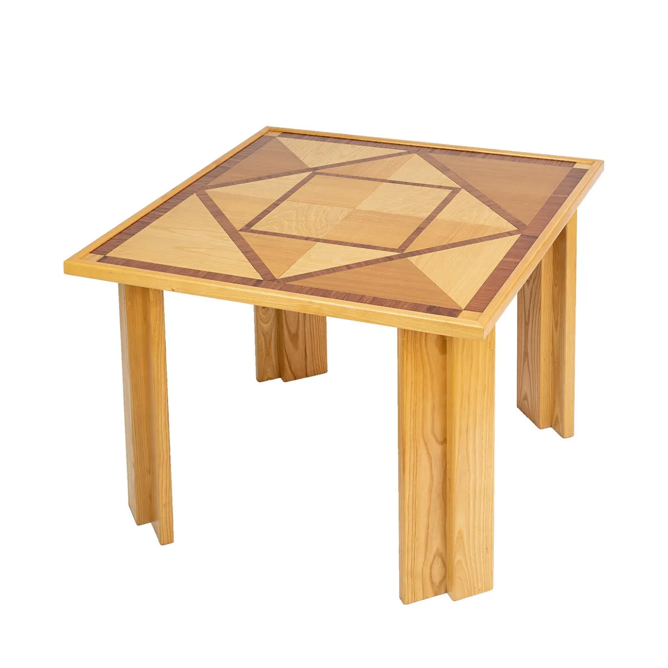 Tavolo da pranzo in legno con intarsio geometrico