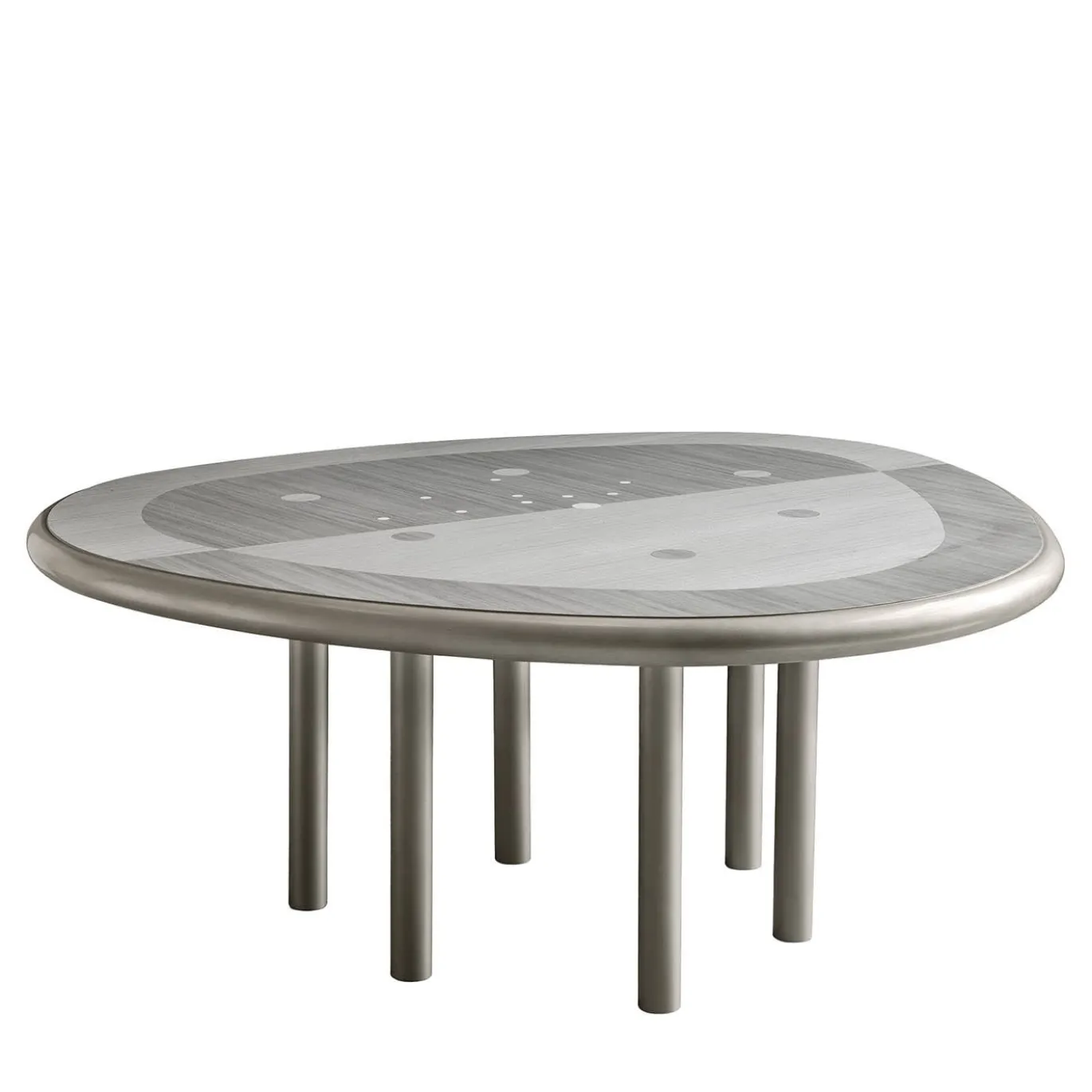 Tavolo da pranzo in metallo intarsiato con gocce d'argento e legno grigio