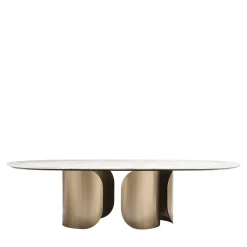 Tavolo da pranzo Oscar con base ovale in bronzo e top in marmo Calacatta Oro