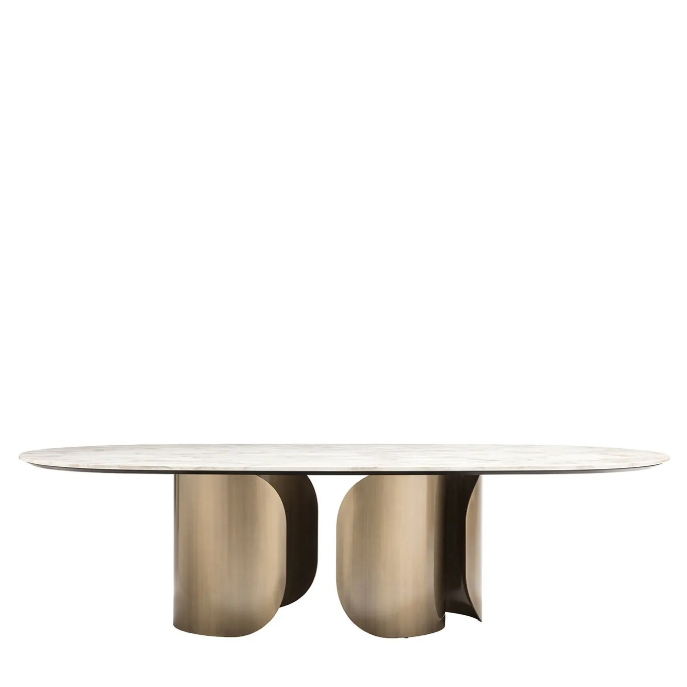 Tavolo da pranzo Oscar con base ovale in bronzo e top in marmo Calacatta Oro