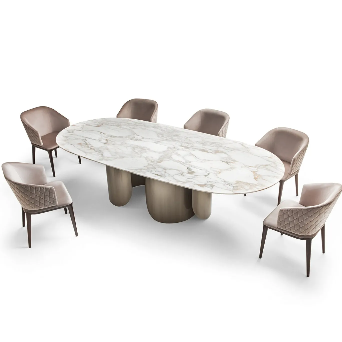Tavolo da pranzo Oscar con base ovale in bronzo e top in marmo Calacatta Oro
