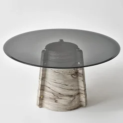 Tavolo da pranzo rotondo Elitra in marmo Palissandro marrone con piano in vetro fumé