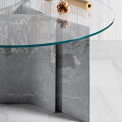 Tavolo da pranzo rotondo in marmo grigio e vetro Filo