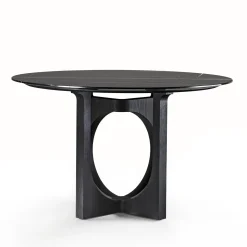 Tavolo da pranzo rotondo Vuoto con base in legno nero e piano in marmo Sahara Noir