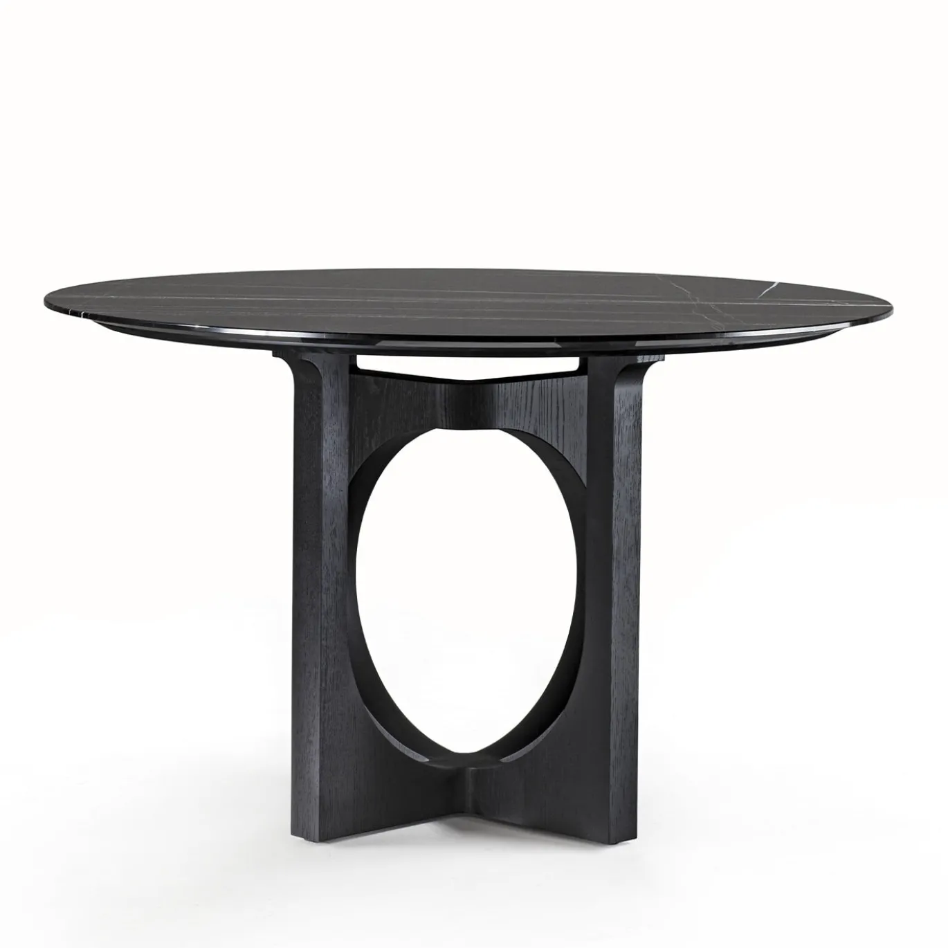 Tavolo da pranzo rotondo Vuoto con base in legno nero e piano in marmo Sahara Noir