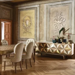 Tavolo da pranzo Tessella Light in legno intarsiato geometrico