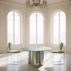 Tavolo da pranzo Tubone in acciaio con piano rotondo verde e base effetto arcobaleno