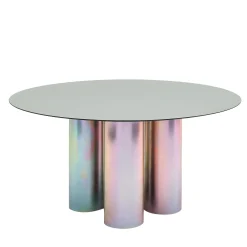 Tavolo da pranzo Tubone in acciaio con piano rotondo verde e base effetto arcobaleno