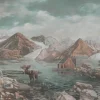 Tessuto murale in cotone verde e rosa Arctic Passages