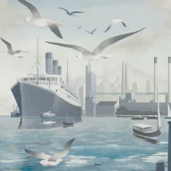 Tessuto murale in poliestere blu, grigio e argento Dalla terra al mare