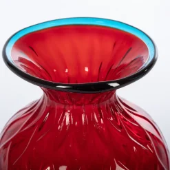 Vaso 1950 Balloton Grande Rosso con Bordo Azzurro in Vetro di Murano
